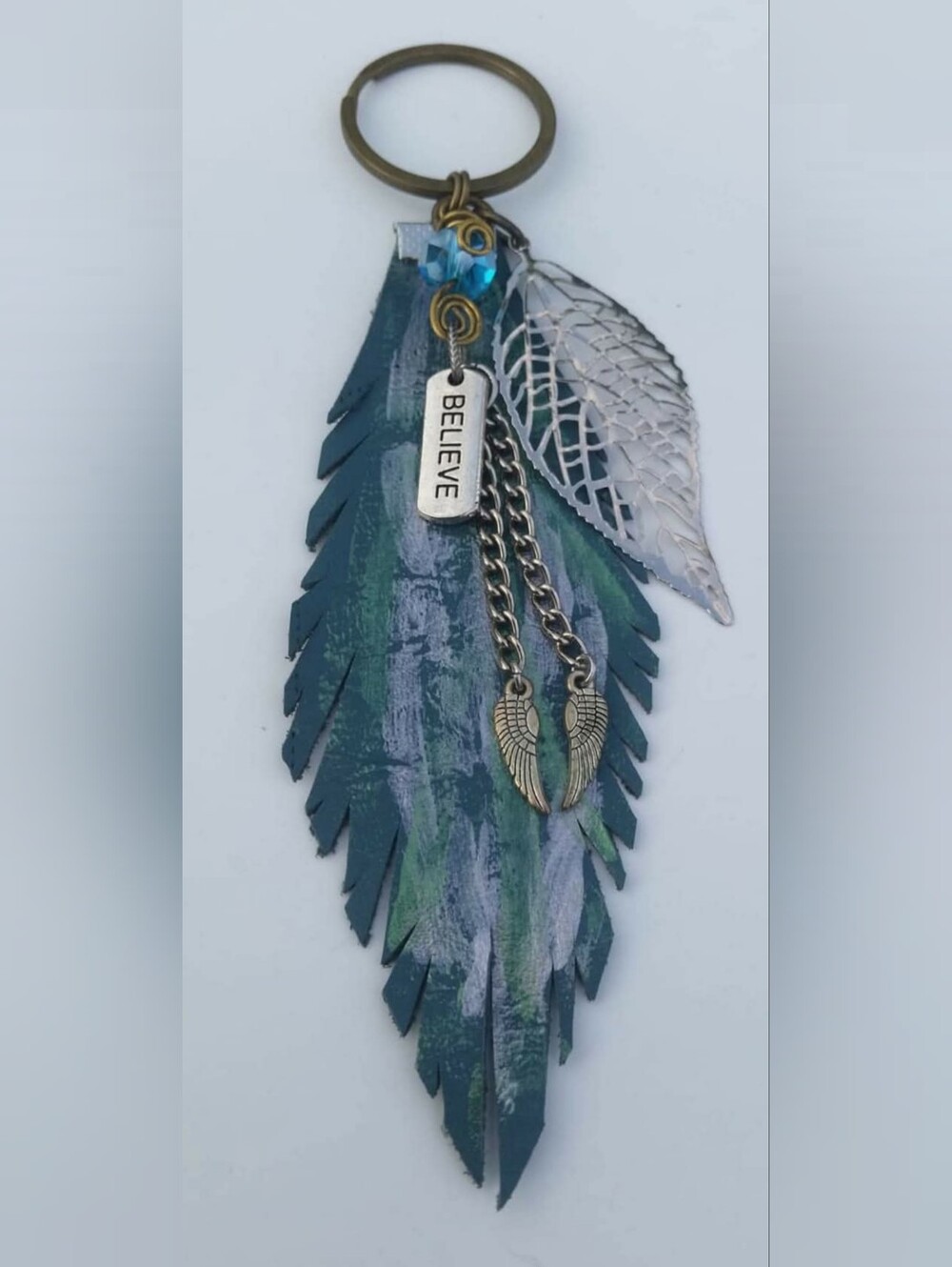 Boho Feather Leather Keychain "BELIEVE" - Teal & Silver Hand Painted
